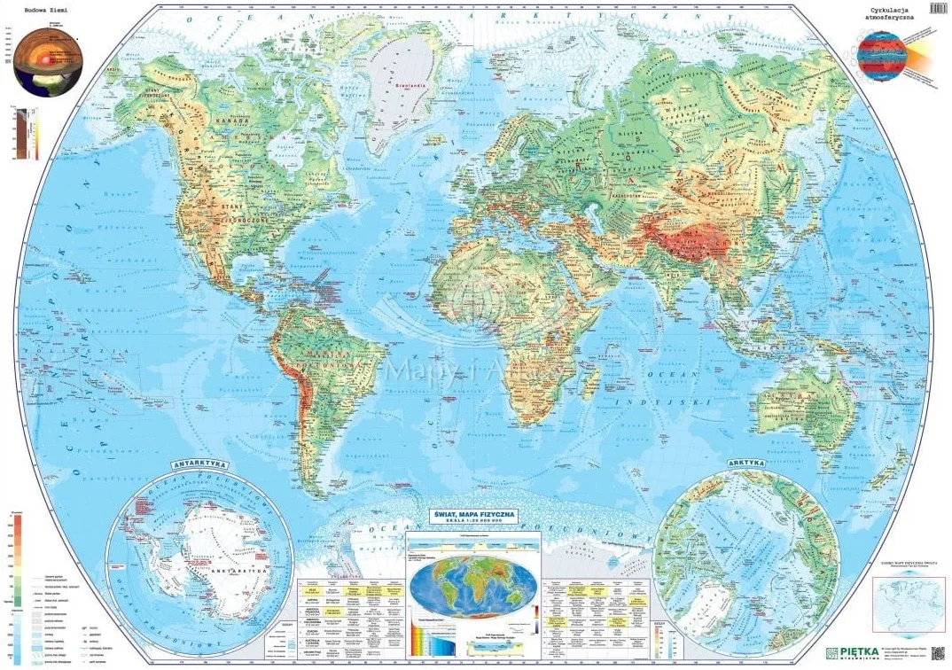 Księgarnia Warszawa mapa ścienna świata mapa fizyczna skala 1:20000000, 190x130 cm